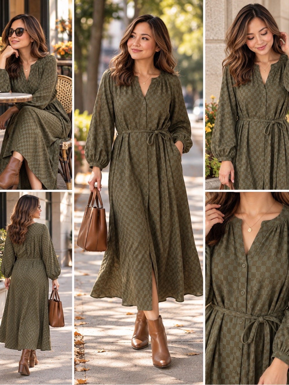 Olive Green Belted Maxi Dress with Long Sleeves
